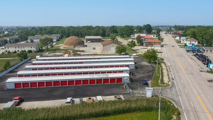 Aerial view of Devon Self Storage facility with multiple rows of drive-up units